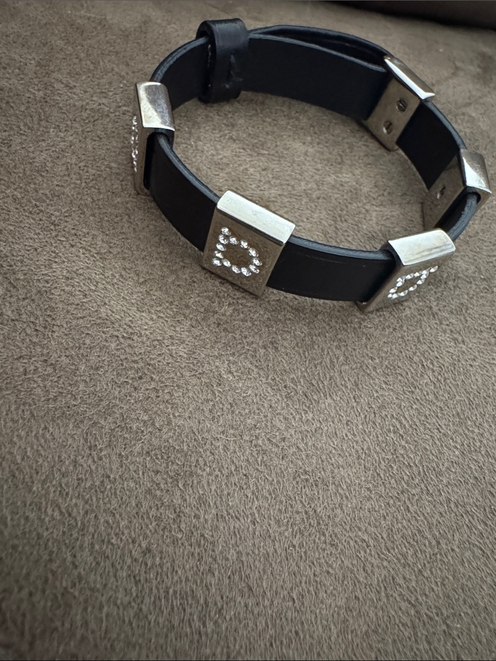 Salvatore Ferragamo Black Leather Bracelet w Silver Crystal Logo Squares Small - Picture 3 of 8